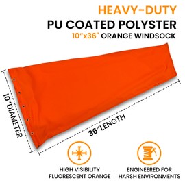10"x36" Airport Windsock | Heavy Duty, Waterproof, UV Fade Resistant, High Vis Fluorescent, Quad Stitched, Zip Ties Included, for Industrial, Ranch, and Agricultural Use | Orange