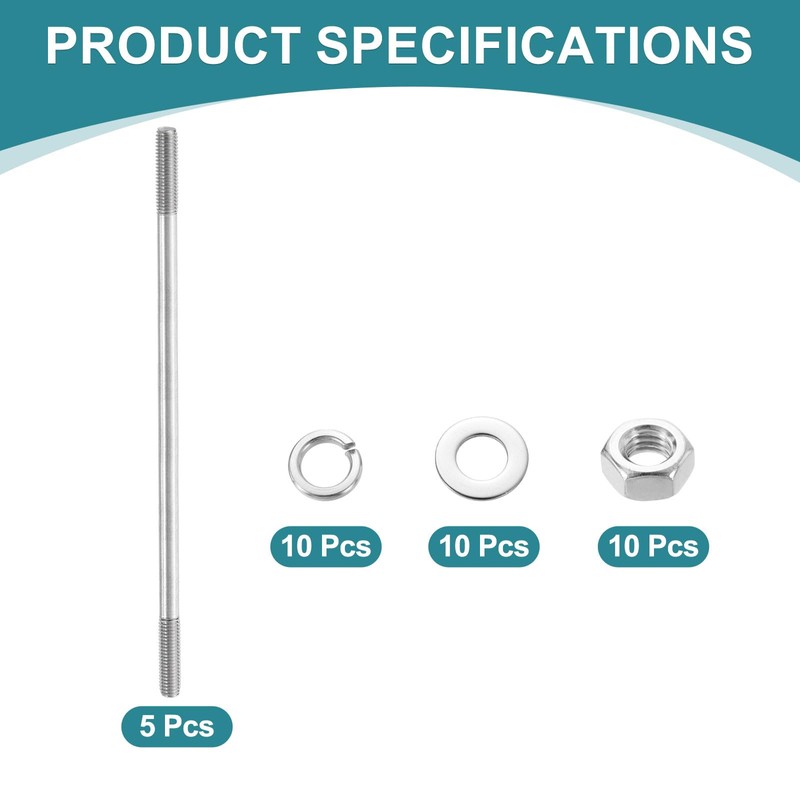 sourcing map 5pcs Double Ended Stud Screws, M8x200mm 304 Stainless