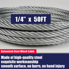 JEXTRA Galvanized Steel Winch Cable, 1/4” x 50ft Wire Rope with Hook, 8,000 lbs Breaking Strength, Heavy Duty Towing Cable, for Rollback, Crane, Wrecker, Tow Truck, UTV