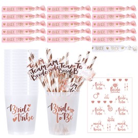 MOVINPE Bachelorette Party Accessories, Hen Party Cups Straws 16 Set, 1 Bride Hair Ties 15 Bride Tribe Hair Ties, Tattoos Bride Tribe, Bride to Be Decorations Bridal Shower Party Supplies (Rose Gold)
