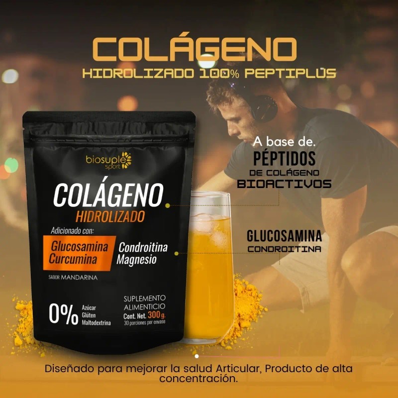 Biosuple Sport Colageno Hidrolizado Glucosamina Curcumina Bolsa 300g Sabor Mandarina