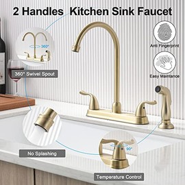 2 Handle Gold Kitchen Faucet with Side Sprayer - 8Inches High Arch 360°Rotating Kitchen Sink Faucets, 3 or 4 Hole Centerset RV Sink Faucet with Separate Single High Pressure Sprayer&Water Hose