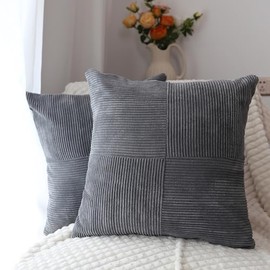 BRMM MIA Set of 2 Decorative Throw Pillow Covers Quilting Velvet Cushion Covers Pillowcase Square Cushion Covers for Living Room Sofa 45cm x 45cm (Dark Grey Stripe)