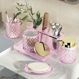 Glass Bathroom Accessories Set 5Pcs Pink Crystal - Foaming Soap Dispenser, Soap Dish, Cup, Acrylic Toothbrush Holder with Tray Organizer, Qtip Jar, Bathroom Counter Set Sink Decor Vintage Gift