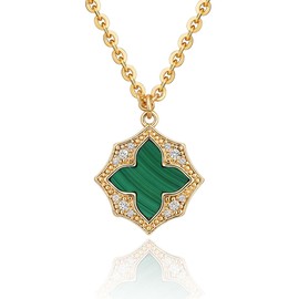 Fettero Necklaces for Women Trendy 14K Gold Plated Charm Necklace Malachite Cross Clover Statement Gold Necklace for Women Jewelry