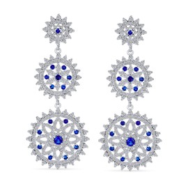 Large Blue and White Circle Disc CZ Indian Style Chandelier Earrings For Women Cubic Zirconia Silver Plated Brass