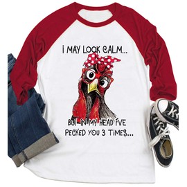 I May Look Calm But in My Head I've Pecked You 3 Times T Shirt Womens Christmas Funny Chicken Graphic Baseball Tops (XXL, Red, xx_l)