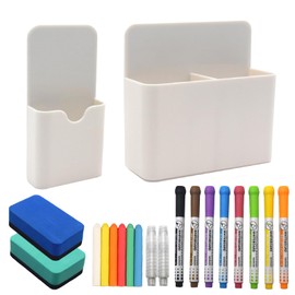 SHENSAIGO 2 Sizes Magnetic Pen Holder, 8 Color Whiteboard Markers, Adjustable Whiteboard Accessories with 2 Magnetic White Board Eraser, White Locker Organiser for Office Home School