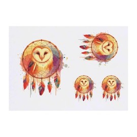 4 x 'Barn Owl Dreamcatcher' Temporary Tattoos - Water Resistant, Skin-Safe, Non-Toxic Transfers, Mixed Sizes (TO00074702)