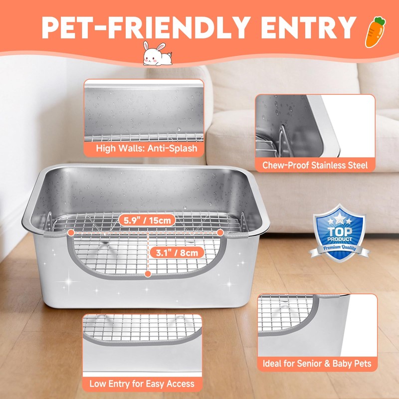 Essenhome Large Stainless Steel Rabbit Litter Box with Handle -