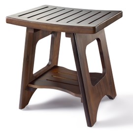 HOLANA 18" Acacia Wood Shower Bench Seat – Waterproof Shower Stool for Inside Shower – Bathroom Bench with Storage Shelf – Bath Stool and Shower Seat for Shaving or Spa Use (Walnut)