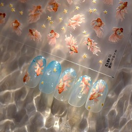1 Sheets Goldfish Nail Stickers, Sparkly Koi Fish Nail Decals 5D Embossed Stickers for Nail Art Self-Adhesive Pink Goldfish Star Nail Decals Manicure Sliders for Women DIY Decorations