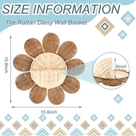 Reallnaive Rattan Daisy Wall Basket Hanging Wicker Baskets for Wall Home Decor, Hanging Woven Rattan Storage for Flowers Front Door Bathroom Storage Daisy Wicker Organizer