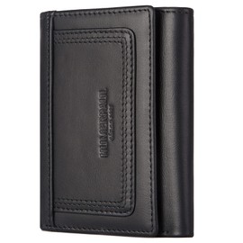 HUMERPAUL Men's RFID Blocking Tri-Fold Genuine Leather Wallet with 9 Card Slots, Coin Pocket & Front Pocket Fit for Business Travel (Black)
