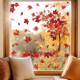 Whaline 6 Sheets Fall Tree Window Clings Red Maple Tree Acorn Reusable Window Decals for Autumn Harvest Thanksgiving Party Supplies Home Classroom Office Decor