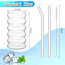 Tessco for you 4 Pcs Creative Glass Cups Vintage Drinking Glasses Ribbed Glassware Aesthetic Cup Entertainment Dinnerware Glassware with Straws Set for Kitchen Coffee Beverage(16 oz,Clear)