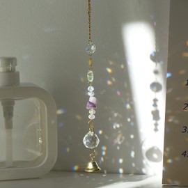 TENGFENG Natural Crystal Suncatcher Amethyst Crystal Hanging, Protection Stone of Love, Crystal Tumbled Stone and Metal Bell Included Power Stone Feng Shui Good Luck Goods, Crystal Sacker, Colorful