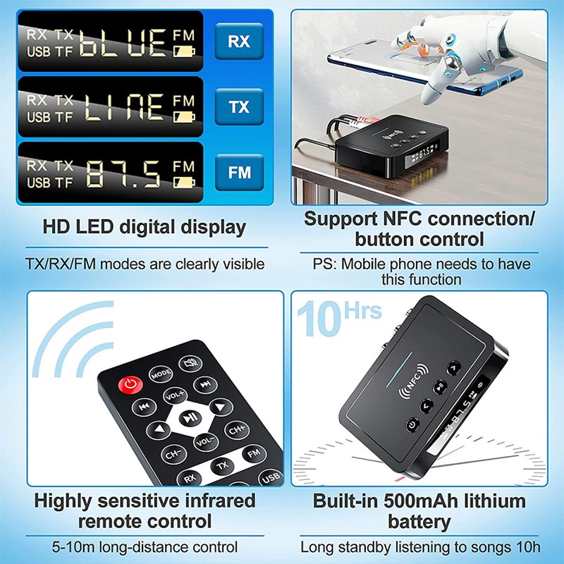 3-in-1 NFC Wireless Bluetooth 5.0 Audio Transmitter Receiver HiFi Music
