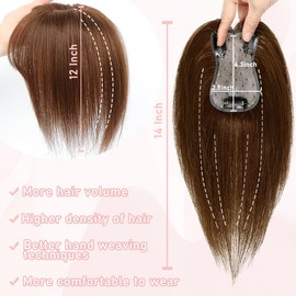 Hair Toppers for Women Real Human Hair, 360° 3D Toppers Hairpieces for Women with Thinning Crown Side Bangs Realistic Biological Scalp Wiglets (Medium Brown, Side Bangs)