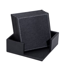 Drink Coasters PU Leather Coaster Black Cup Pad Square Coffee Drink Mat for Home and Bar Set of 6 with Holder