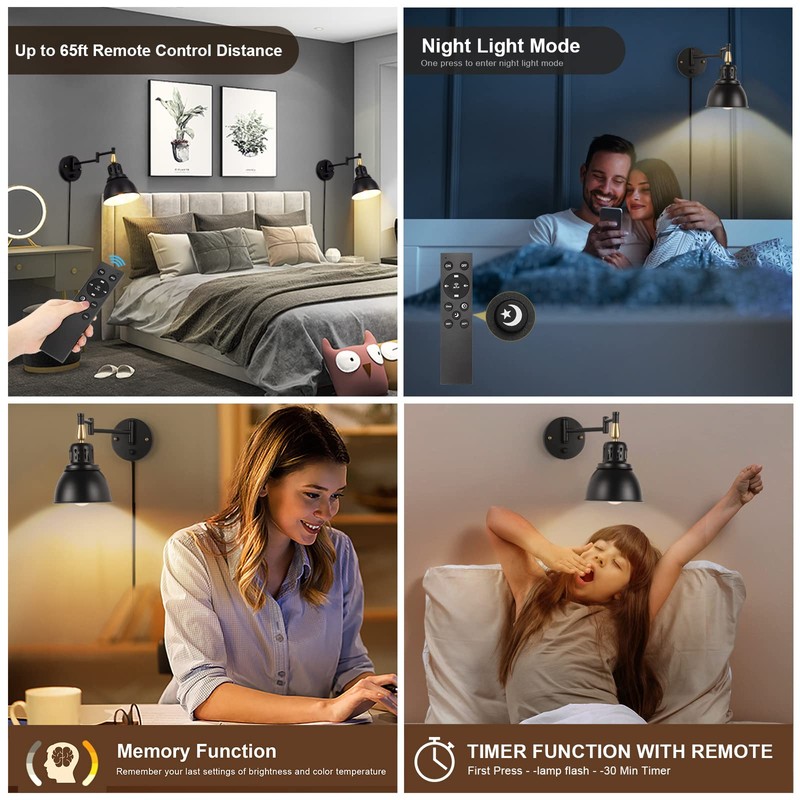 TRLIFE Wall Sconces Plug in, Remote Control Dimmable Wall Sconce
