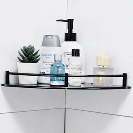 Halyuhn Glass Bathroom Shelf with Stainless Steel Rail, Black Glass Corner Shower Shelf, Wall Mount Drill Hole Shower Caddy Organizer, Bathroom Shower Organizer for Living Room and Toilet (1 Tier)
