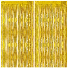 MuuXii 2 Pack Foil Fringe Curtain Backdrop Decorations, 3.3ft x 6.6ft Metallic Tinsel Backdrop Door Curtains Photo Party Streamers for Christmas New Year Bridal Shower Wedding Birthday, Gold