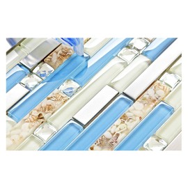 Blujellyfish Beach Style Tile Real Seashell Inside Blue Cream White Brushed Steel Art Mosaic Kitchen Backsplash Bath Decor (Pack of 5 Sheets)