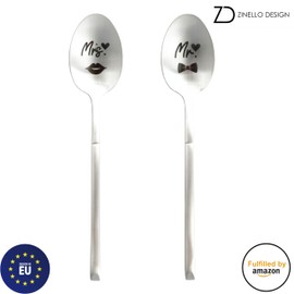 ZINELLO DESIGN - Set of 2 Spoons Engraved "Mr" and "Mrs" - Perfect Gift Idea for Couples, Wedding, Birthday, Christmas, Valentine's Day - Supplied in Gift Box