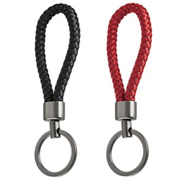 SEABABOO 2 x Braided Leather Key Rings for Car Men and Women Braided Leather with Alloy Ring Coffee and Black Pendant for Motorcycle, Car and Home Woven Keyring Black + Red, Black, S