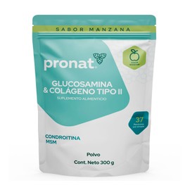 PRONAT | Glucosamina & Colágeno Tipo II, Suplemento alimenticio, Sabor Manzana Verde con Vitaminas, Calcio y Magnesio, Bolsa con 300 g en Polvo