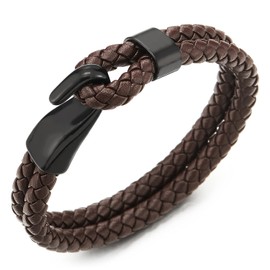 COOLSTEELANDBEYOND Men's Women's Double Row Braided Leather Bangle Bracelet with Black Stainless Steel Hook Clasp, Brown leather, Not applicable