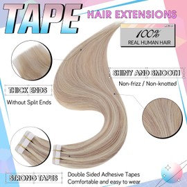 Hetto Tape in Hair Extensions Human Hair Blonde Tape in Remy Hair Extensions Double Sides Tape on Hair Extensions #18P613 Ash Blonde Highlight Platinum Blonde 24 Inch 50g 20pcs