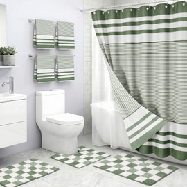 Britimes 8 Pcs Sage Green Bathroom Sets with Shower Curtain and Rugs, Modern Striped Shower Curtain Liner, Non Slip Bath Mat and Soft Towels for Bathroom Decor and Accessories Hooks