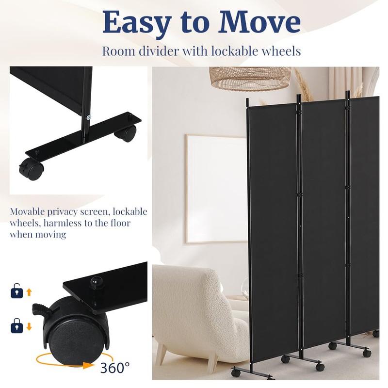 Kokorona 6 Panel Room Divider, 6FT Tall Rolling Privacy Screen