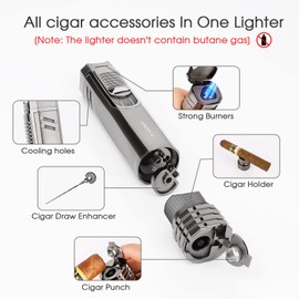 All-in-One Triple Torch Cigar Lighter With Poker, Punch, Holder, Gas Window - Gorgeous Gifts for Men, Windproof Butane Refillable Lighters for Smoking, Candles, Grilling Outdoors