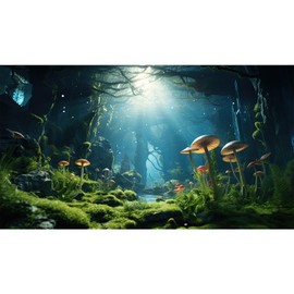 Riivvdise Aquarium Background Underwater World Terrarium Backdrop Jungle Style Mushrooms with Lush Moss Fish Tank Background Stream Rock Reptile Habitat Backdrop Tank Wallpaper Poster Vinyl 30x12in