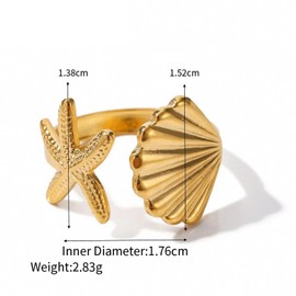 Bohemian Style Starfish Shell Opening Adjustable Finger Ring for Women Gold Plated Stainless Steel Jewelry Summer Beach Ocean Series Party Music Festival Creative Ring Decoration Gold