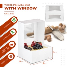 Fit Meal Prep 25 Pack Cake Boxes with Window 8 x 8 x 4 Inches Auto Pop-Up White Bakery Containers for Dessert, Cookies and Pastries, Treat Boxes Gift Packaging Boxes for Valentine's Day, Christmas