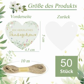 NISENTIA Pack of 50 Thank You Pendants, Heart Gift Tags, Thank You Pendants, Communion Thank You Gift, Confirmation with String for Baby Shower, Wedding, Birthday, Christening Tags