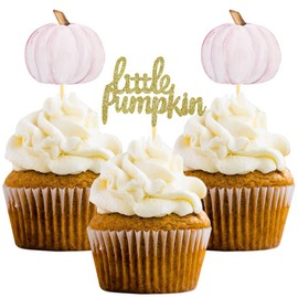 Little Pumpkin Cupcake Toppers, 24Pcs Pumpkin Cupcake Toppers Thanksgiving Birthday Baby Shower Party Decorations Gender Reveal Supplies (Little Pumpkin Pink)