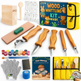 Wood Carving Whittling Kit for Kids: Wood Carving Tool Set with Round-Tip Safety Carving Knives, Cut-Resistant Gloves & Tape, Storege Bag - Hobby Gift for Teens Boys Beginners