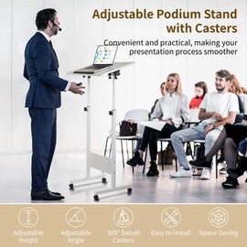 Podium Stand with Wheels, Mobile Podium Adjustable Standing Desk Height 360° Swivel Desktop, Portable Rolling Lecturns and Podiums for Teaching, Presentations, and Commuting Use