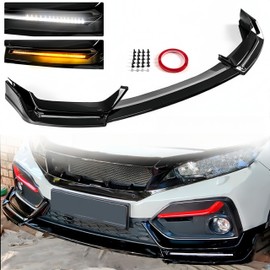 Laniakeas Front Bumper Lip Splitter with LED Light Compatible with 2017-2021 Honda Civic Hatchback & Si, Glossy Black Air Dam Spoiler with Daytime Running Lights Fit for 17-21, Lower Chin Protection