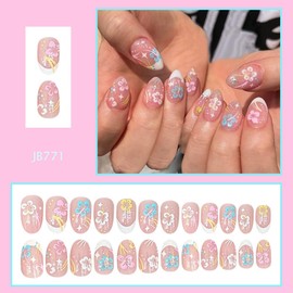 Mkwntg 24Pcs Colorful Flower Press on Nails Short Almond Fake Nails with Star Design White French Tip Glossy False Nails Cute Summer Floral Full Cover Glue on Nails Stick on Nails for Women Manicure
