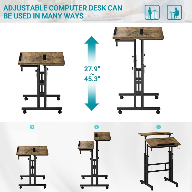 Klvied Rolling Mobile Desk with Cup Holder, Portable, Adjustable Height