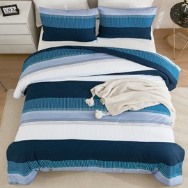 Litanika Navy Blue Comforter Twin/Twin XL Size Set, 2 Pieces Boys Men Bedding Set, Single Blue White Colorblock Striped Bed Set (66x90In Comforter & 1 Pillowcase)