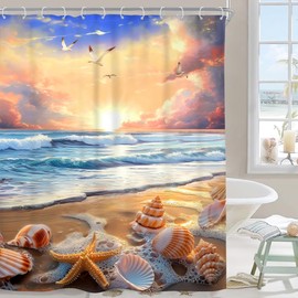 Riyidecor Beach Coastal Ocean Sunset Shower Curtain Oil Painting Sea Wave Summer Hawaiian Sunrise Seaside 60Wx72H Inch Starfish Shell Blue Fabric Decor Bathroom Polyester Waterproof 12 Pack Hooks