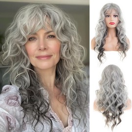 RicHyun Long Curly Wavy Grey Wig for Women Synthetic Heat Resistant Party Cosplay Hair Wig with Bangs