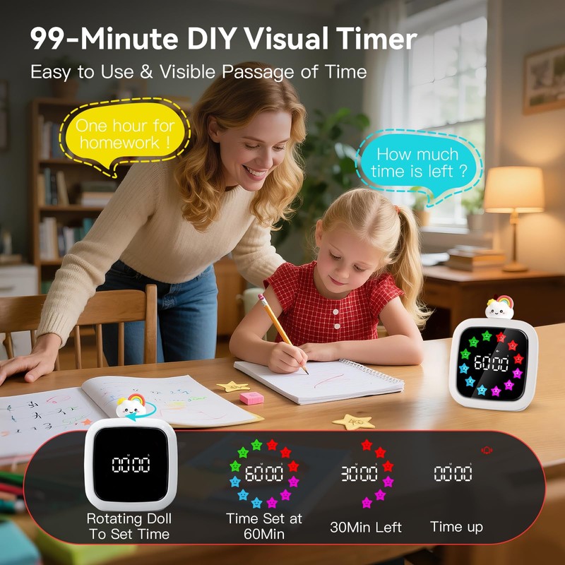 Yunbaoit Digital Visual Timer for Kids, Rechargeable 99-Minute Silent Countdown